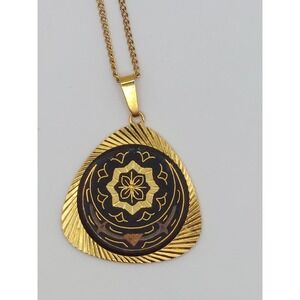 1970s Toledo Damascene Pendant Necklace Black Gold Floral Geometric Vintage